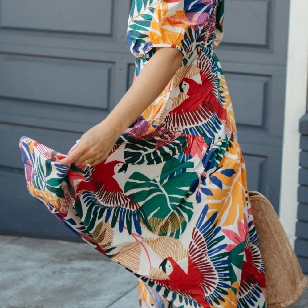 Farm Rio Tropical Bird Print Puff Sleeve Dress Belted Size L